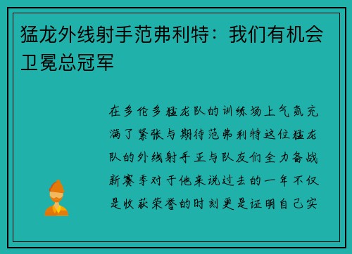 猛龙外线射手范弗利特：我们有机会卫冕总冠军